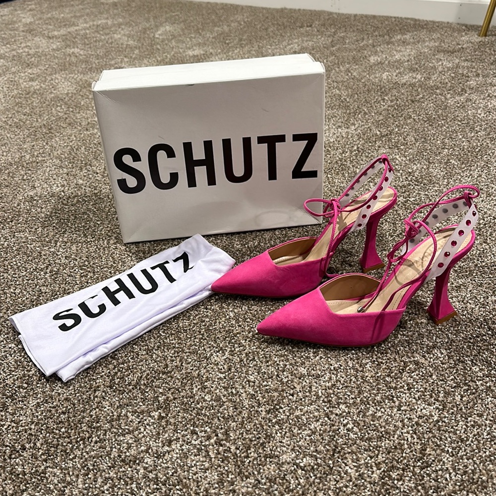 Schutz Mareah Hot Pink Suede Heel with Jewel Detail